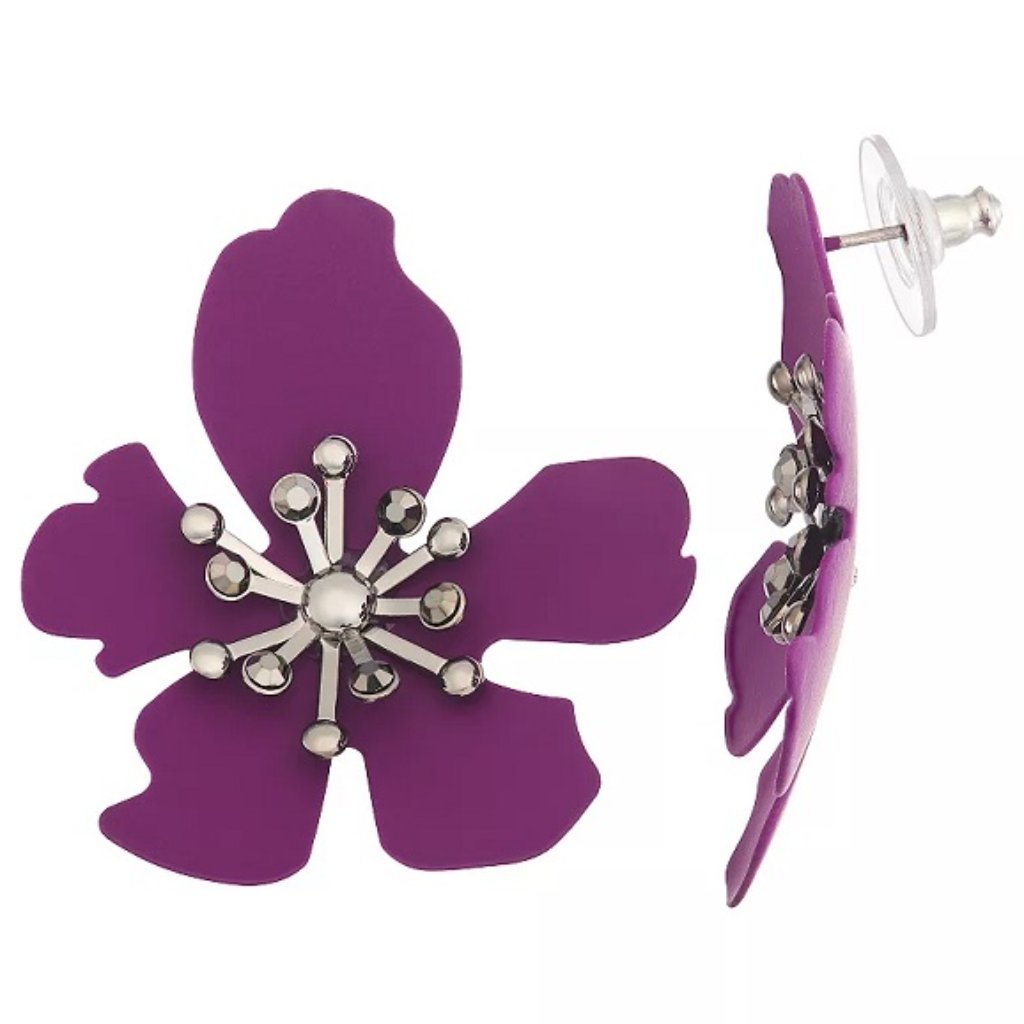 Vera Wang Rocker Chic GunmetalHematite Stone Purple Flower Stud EarringsNew 14$